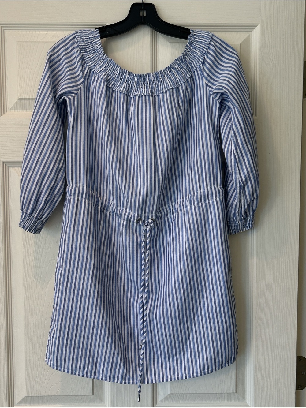Women’s Blue and White Striped Off-Shoulder Dress